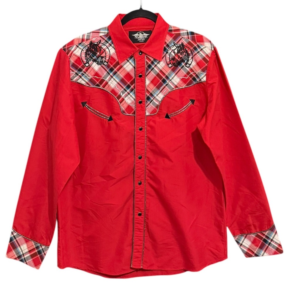 El General 1901 Men's Large Red Western Pearl Snap Shirt Embroidered Horse Plaid
